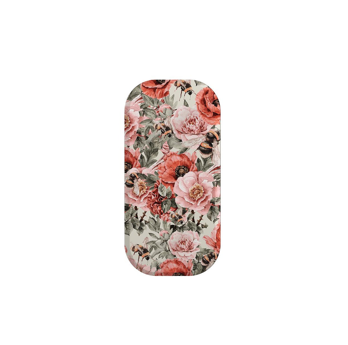 Windsor phone stand featuring a vintage floral print with red poppies, pink peonies, and bumblebees on a cream background.