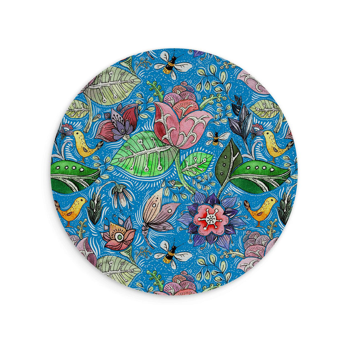 Round vegan leather mouse mat featuring a vibrant blue floral pattern with colorful birds, leaves, and bees.