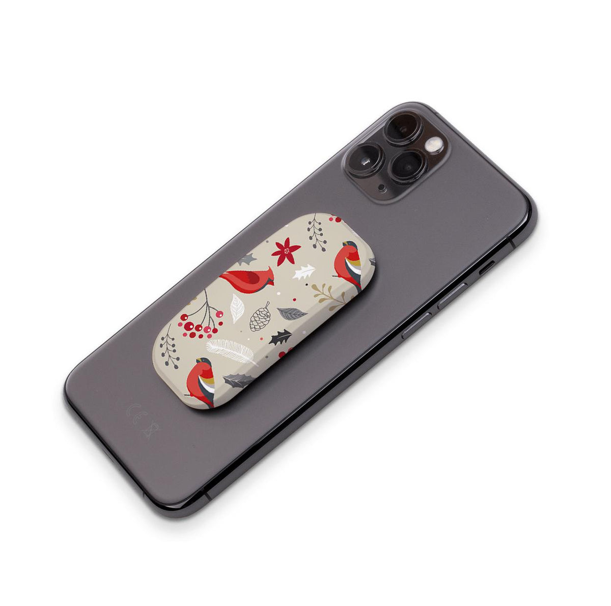 Wonderland phone stand featuring a festive bird and berry pattern attached to the back of a black smartphone.