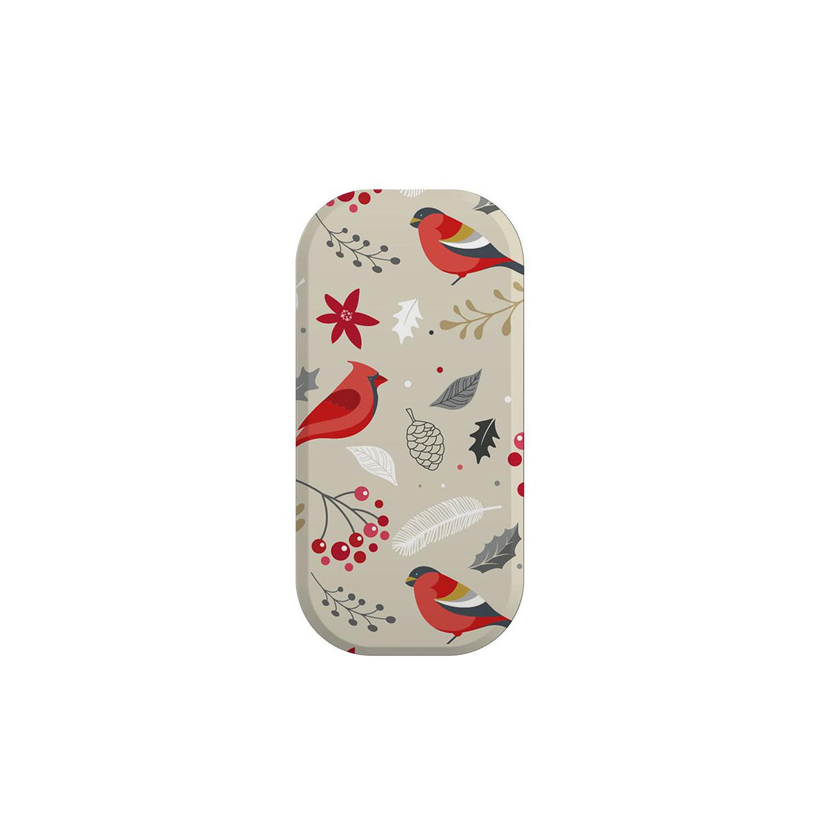 Wonderland phone stand featuring a festive winter pattern with red birds, pinecones, and holly on a light beige background.