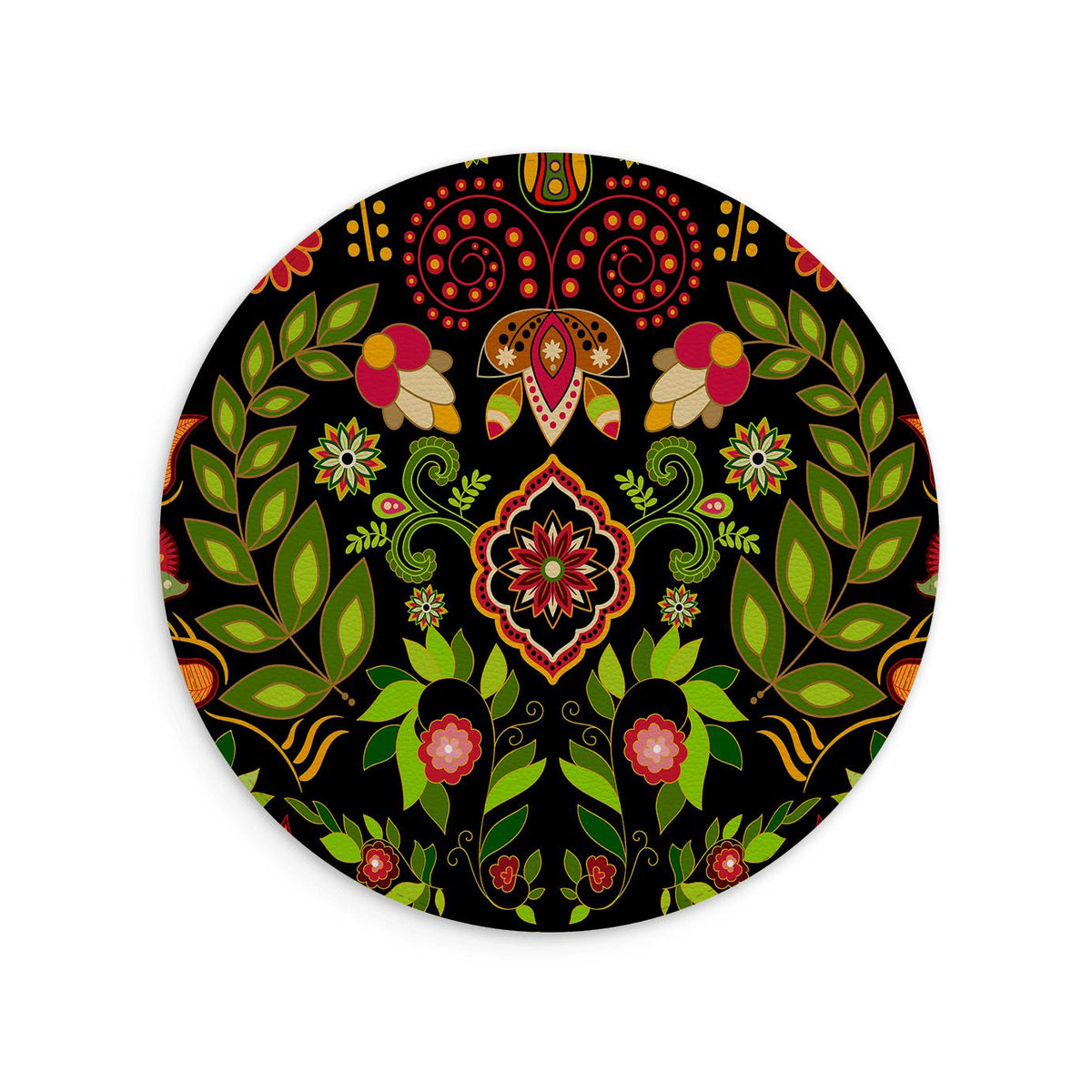 Tapis de souris rond en cuir végétal avec un motif floral coloré et vibrant d'art folklorique sur un fond texturé en croisillé noir.