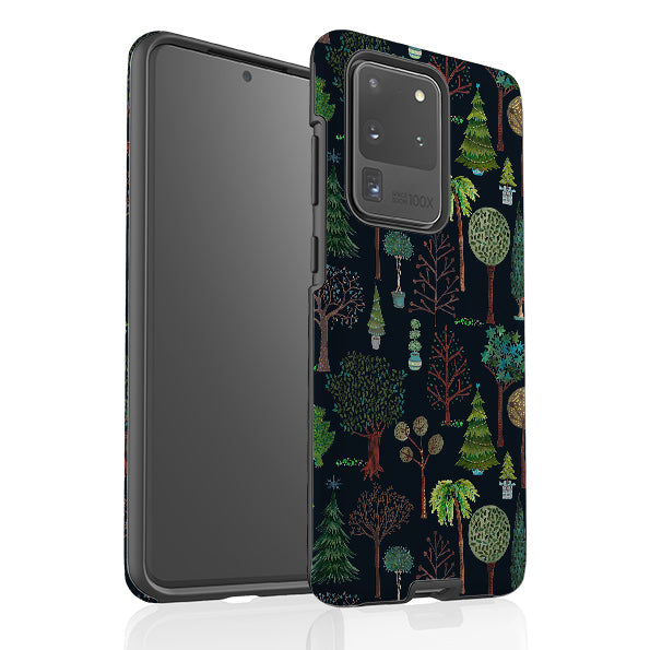 Samsung phone case-Xmas Trees Dark By Katherine Quinn-Product Details Raised bevel to protect screen from scratches. Impact resistant polycarbonate shell and shock absorbing inner TPU liner. Secure fit with design wrapping around side of the case and full access to ports. Compatible with Qi-standard wireless charging. Thickness 1/8 inch (3mm), weight 30g. Compatibility See drop down menu for options, please select the right case as we print to order.-Stringberry