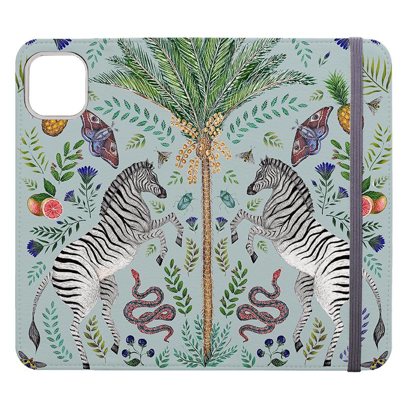 Handyhülle mit Brieftasche – Zebra Palmen von Catherine Rowe – Vegane Handyhülle mit Brieftasche. Veganes Leder, 3 Kartenfächer und vollständig bedruckte Außenseite. Kompatibilität: Siehe Dropdown-Menü für Optionen – bitte wählen Sie die passende Hülle, da wir nach Bestellung bedrucken. – Stringberry